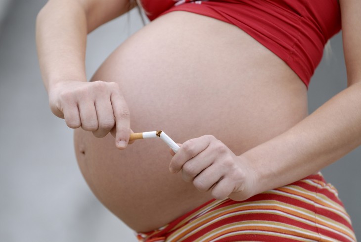 On the list of pregnancy precautions is avoiding cigarettes.